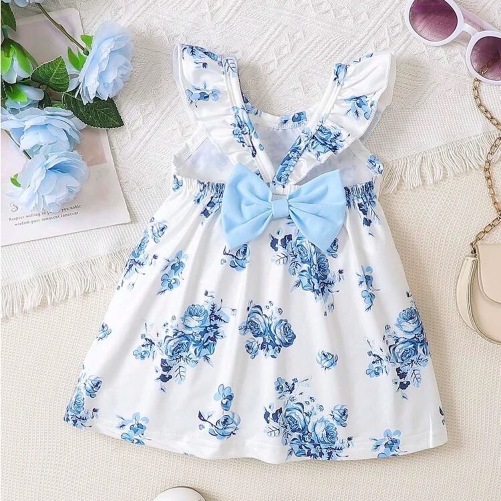 *Sold* Floral Blue and White Baby Dress with Bow